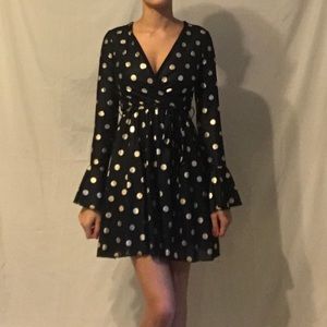Black and gold polka dot wrap dress